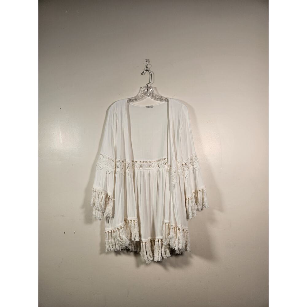 JODIFL Open Front‎ Kimono Womens L White Lace Fringe Openwork Embroidered Boho